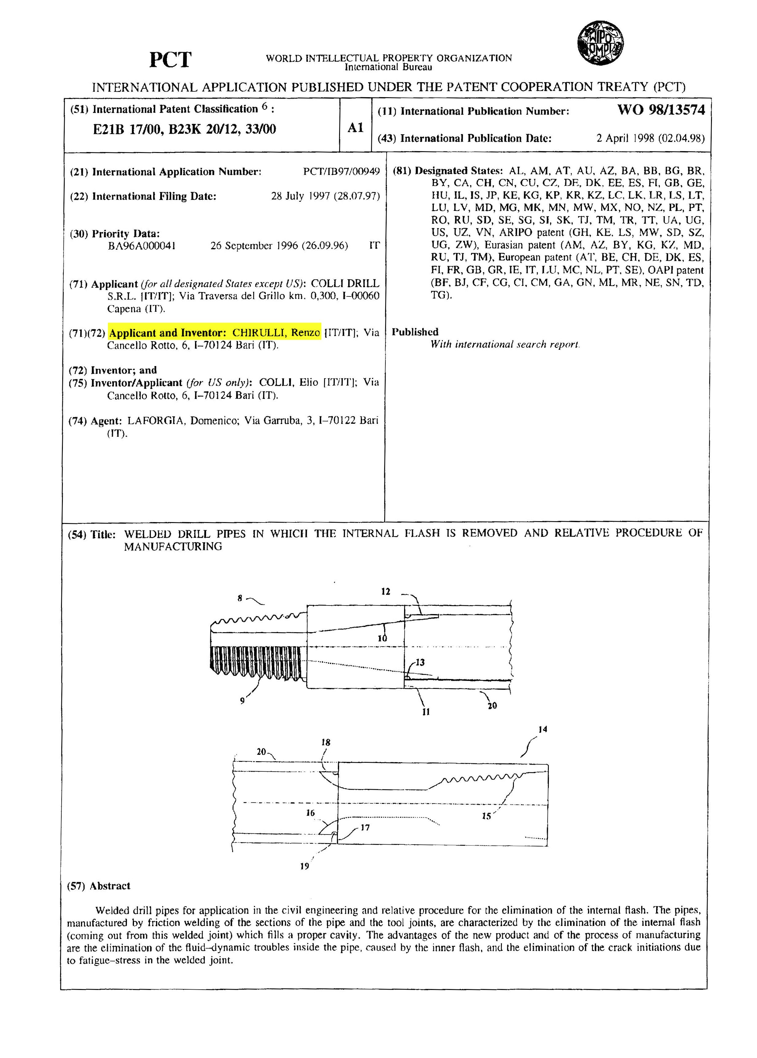 Copy of the international patent (PCT) for drill pipes with internal flash encasement.