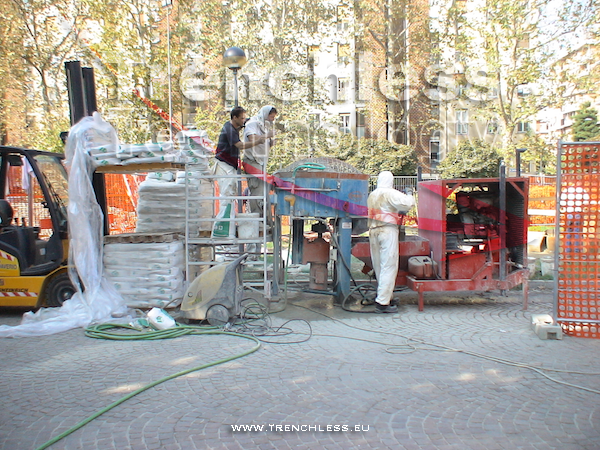 The job-site - preparation of the cement mortar.