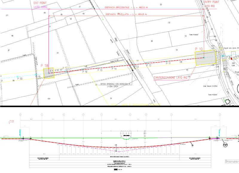 Plan view and longitudinal section of an HDD crossing - DN900 steel pipe, 464,0 m long.